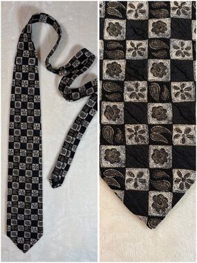 Monti Men's Geometric Black Silver Gray 100% Silk Classic Woven Tie